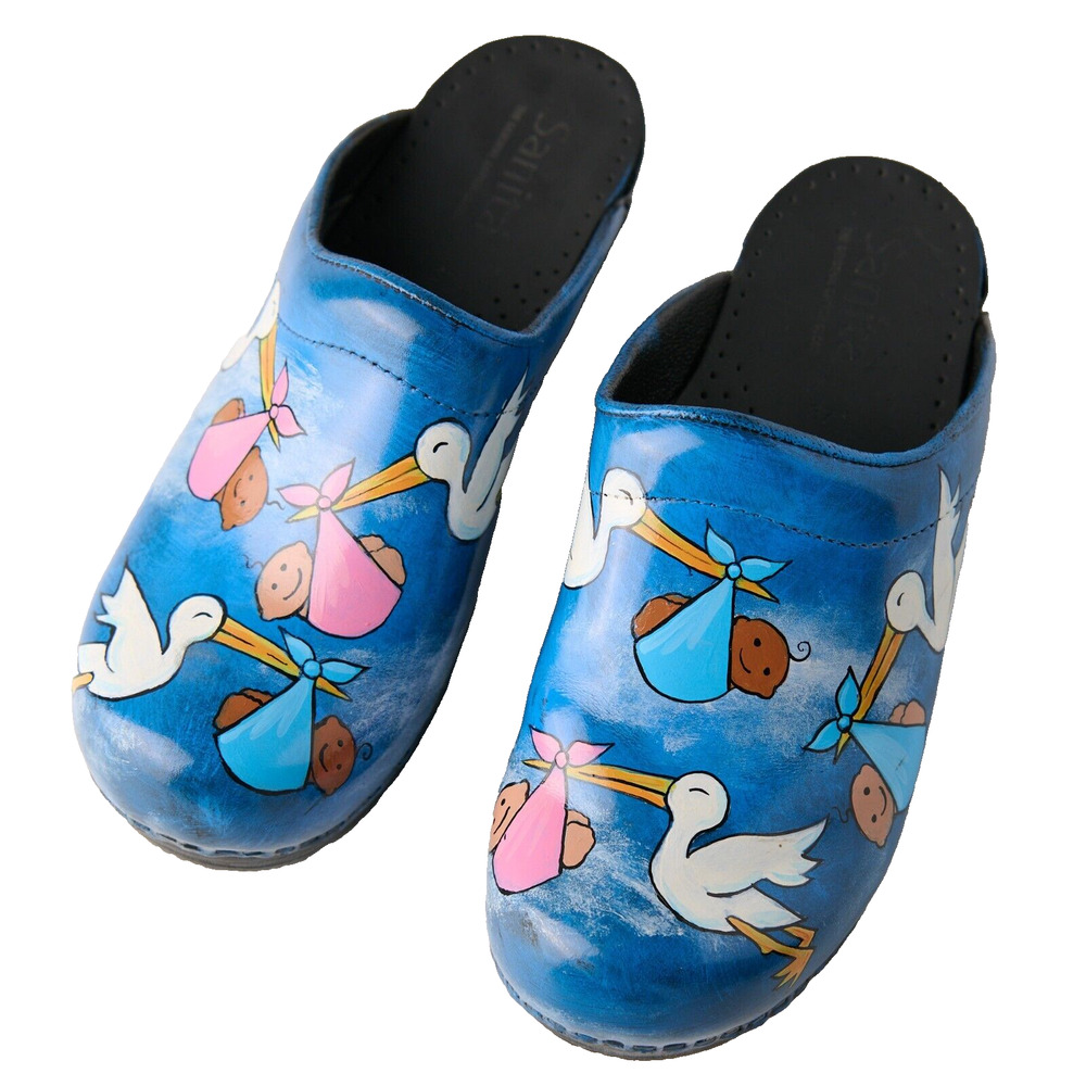 Sanita Blue Leather Clogs with Stork & Baby Print